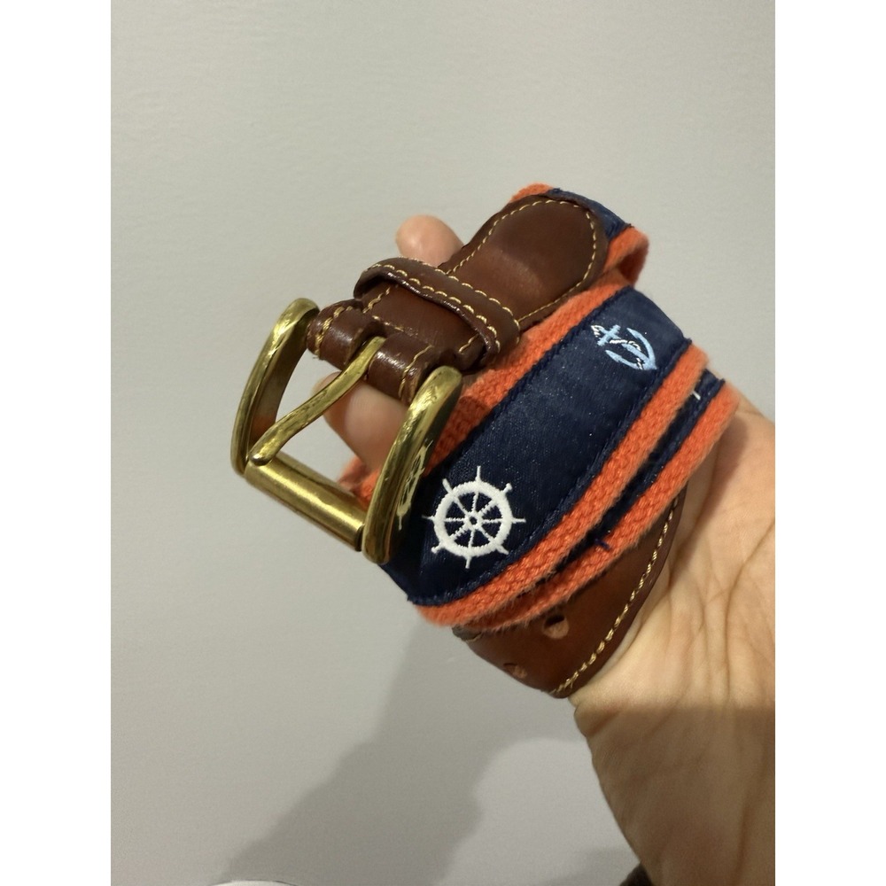 Mens Canvas Leather Belt Anchor Wheel Navy Blue Orange Size 34 36"